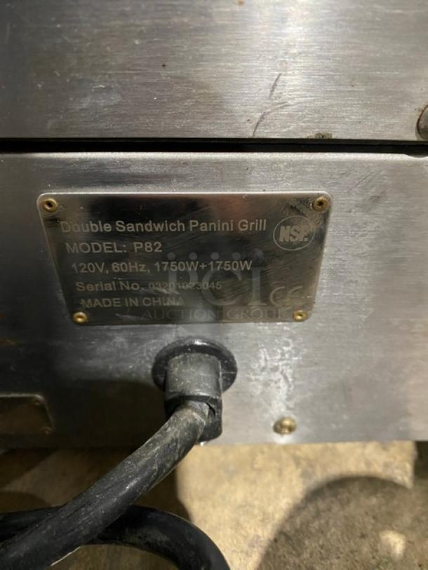 Avantco Commercial Stainless Steel Electric Powered Countertop Double Panini/Sandwich Press Grill! With Individual Thermostatic Controls! With Grooved Grates! Model: P82 SN: 03201023045! 120V! On Legs! - Image 8 of 9