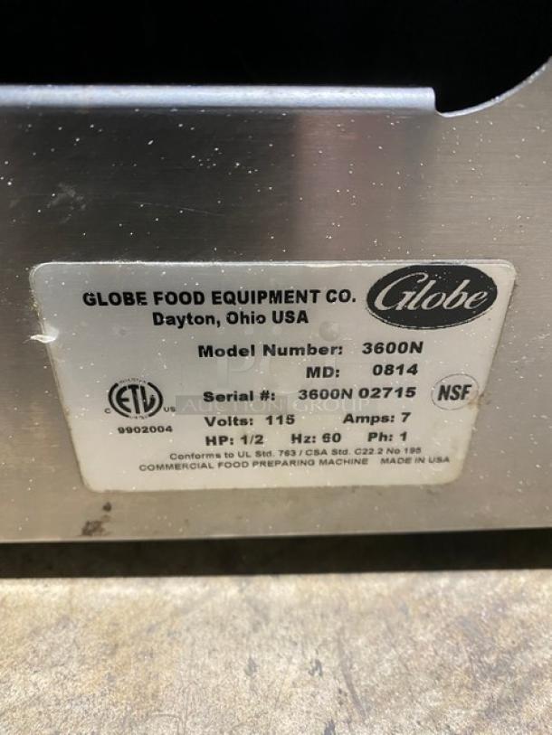 Globe Commercial Stainless Steel Electric Powered Countertop Heavy Duty Manual Meat Deli Slicer! With 13" Blade! Model: 3600N SN: 3600N02715! 115V 1 Phase! - Image 7 of 8