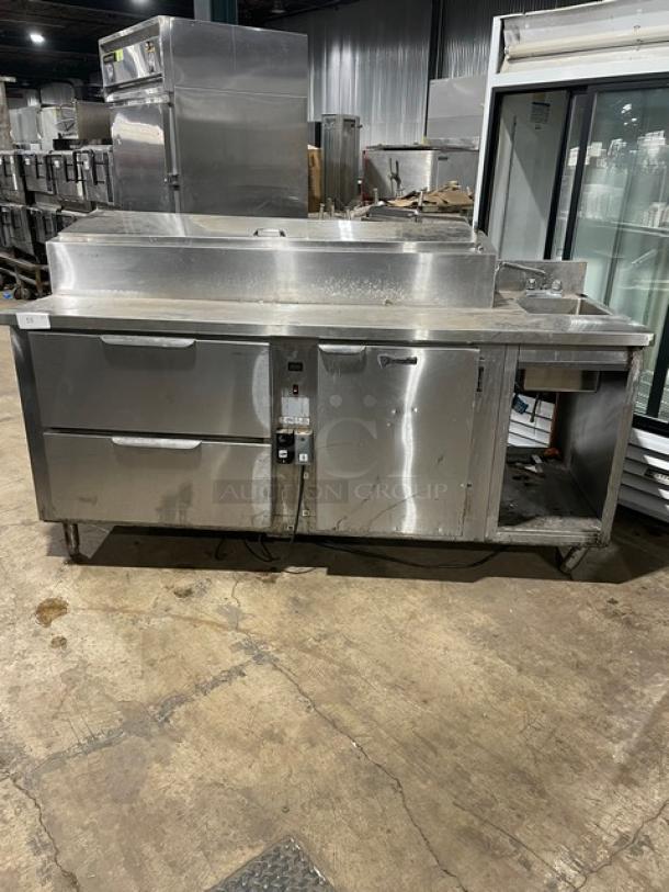 Custom Cool Customized Commercial Stainless Steel 2 Drawer/Single Door Refrigerated Bain Marie Style Mega Top Salad/Sandwich Prep Table! With Single Compartment Handwashing Sink & Swing Spout Faucet! With HeatCraft Reach In Unit Cooler! Model: TA10AG SN: T20C24647! 115V 1 Phase! On Legs! - Image 2 of 15
