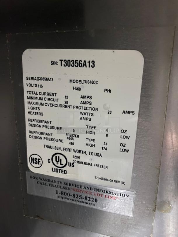 Traulsen Commercial Stainless Steel Single Door Refrigerated Worktop Cooler! With Back Splash! With Poly Coated Wire Racks! Model: TU048QC SN: T30356A13! 115V 1 Phase! On Casters! - Image 7 of 10