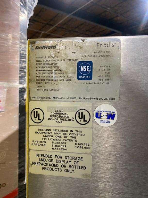Delfield Commercial Stainless-Steel Self-Contained Air Curtain Beverage/Milk Cooler! With Double Lift-Open Top Hinged Lids! Model: NLFAC-8 SN: 0608036002029M! 115V 1 Phase! On Casters! - Image 9 of 10