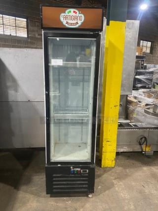 Commercial Black Gelato Style Single Glass Swing Door Reach In Merchandiser Freezer! With Door Heater & LED Light! With Poly Coated Wire Racks! Model: SD240 SN: 6180900110290126! 110V! On Casters!