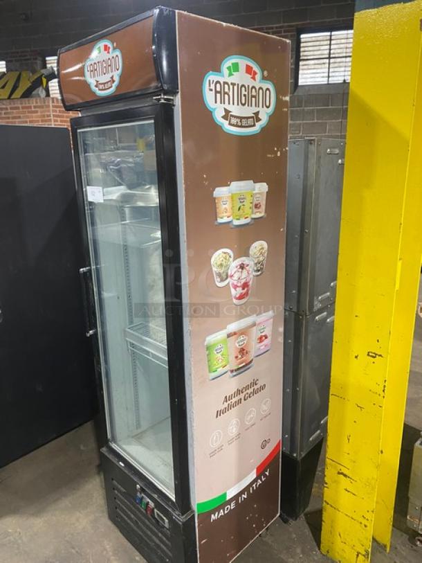 Commercial Black Gelato Style Single Glass Swing Door Reach In Merchandiser Freezer! With Door Heater & LED Light! With Poly Coated Wire Racks! Model: SD240 SN: 6180900110290126! 110V! On Casters! - Image 2 of 11