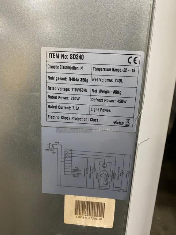 Commercial Black Gelato Style Single Glass Swing Door Reach In Merchandiser Freezer! With Door Heater & LED Light! With Poly Coated Wire Racks! Model: SD240 SN: 6180900110290126! 110V! On Casters! - Image 9 of 11