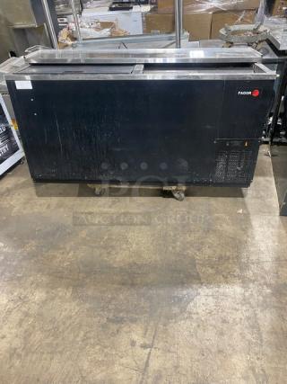 Fagor Commercial Black Deep-Well Horizontal Flat-Top Bottle Cooler! With Stainless Steel Double Top Sliding Lids! With Epoxy Coated Bin Dividers! Model: FBC-65 HC SN: 19072219! 115V 1 Phase!