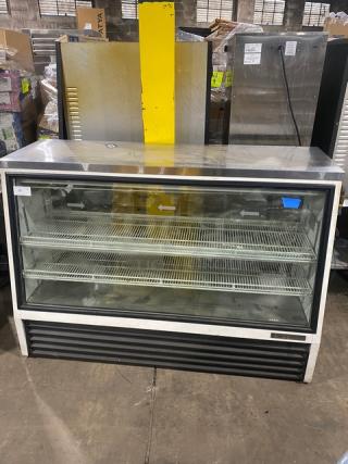 True Commercial White Slanted Glass Refrigerated Meat Deli Display Show Case! With Stainless Steel Serve Over Countertop! With Adjustable Poly Coated Wire Shelves! With Rear Double Sliding Glass Doors! Model: TSID-72-3 SN: 5045310! 115V 1 Phase!