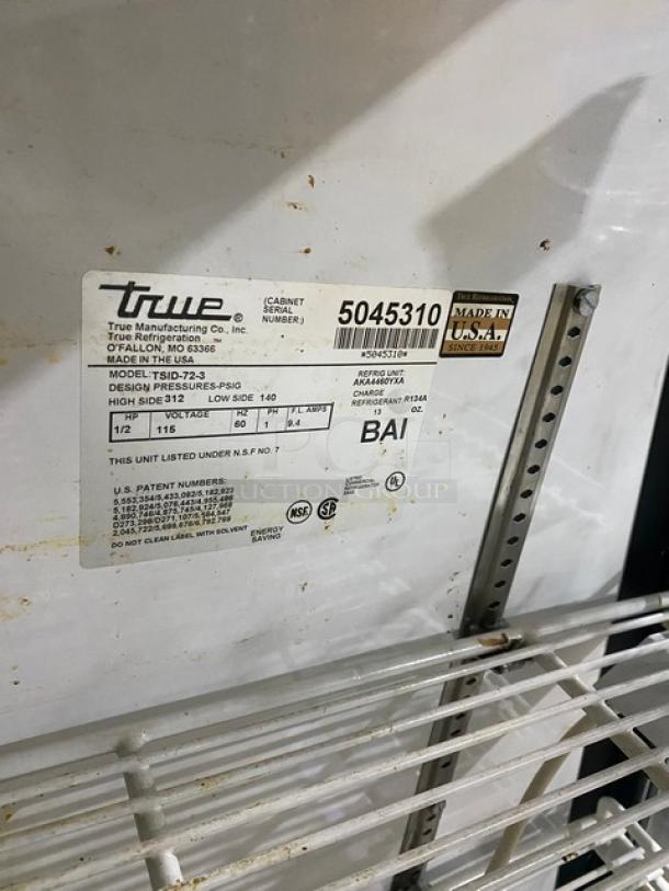 True Commercial White Slanted Glass Refrigerated Meat Deli Display Show Case! With Stainless Steel Serve Over Countertop! With Adjustable Poly Coated Wire Shelves! With Rear Double Sliding Glass Doors! Model: TSID-72-3 SN: 5045310! 115V 1 Phase! - Image 7 of 10