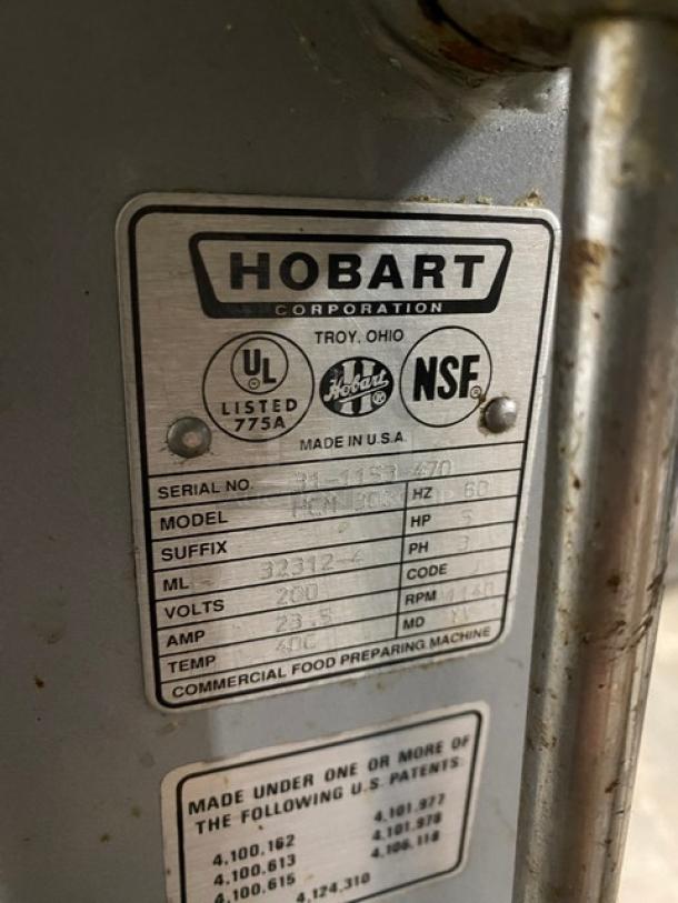 Hobart Commercial Heavy-Duty Floor Model 30 Qt. Cutter/Mincer Mixer! With Stainless Steel 90 Degree Tilting Bowl & Clear Lexan Cover! 200V 3 Phase! Model: HCM 300 SN: 31-1153-470! - Image 12 of 13