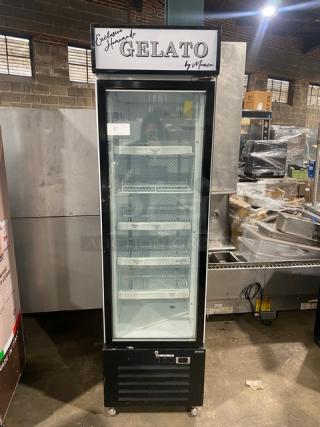 Commercial Black Gelato Style Single Glass Swing Door Reach In Merchandiser Freezer! With Door Heater & LED Light! With Adjustable Poly Coated Wire Racks! Model: SD240 SN: 6190401507170183! 110V! On Casters!