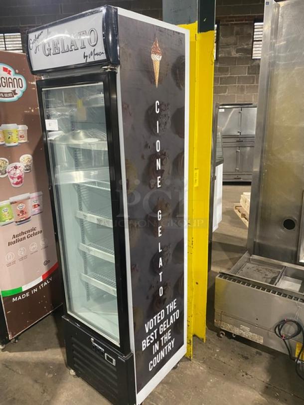 Commercial Black Gelato Style Single Glass Swing Door Reach In Merchandiser Freezer! With Door Heater & LED Light! With Adjustable Poly Coated Wire Racks! Model: SD240 SN: 6190401507170183! 110V! On Casters! - Image 2 of 12