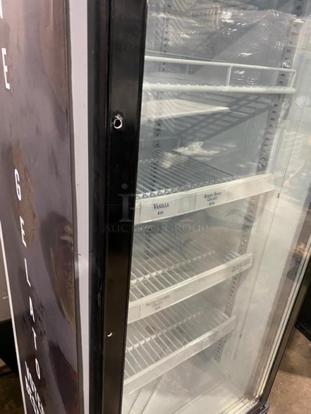 Commercial Black Gelato Style Single Glass Swing Door Reach In Merchandiser Freezer! With Door Heater & LED Light! With Adjustable Poly Coated Wire Racks! Model: SD240 SN: 6190401507170183! 110V! On Casters! - Image 7 of 12