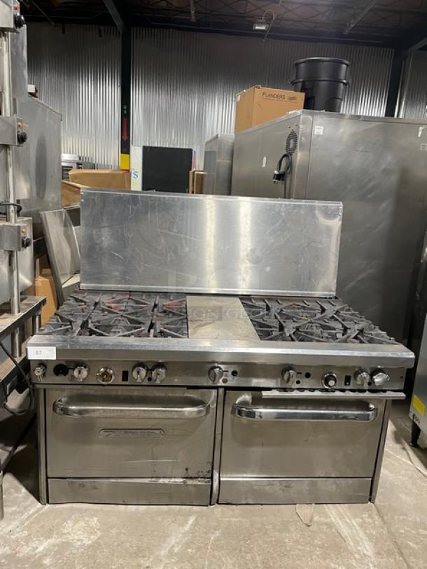 Southbend Commercial Stainless Steel Natural Gas Powered 8 Burner Split Top Hot Plate Range/Double Oven Combo! With Back Splash! With Wired Oven Rack! With Casters! - Image 1 of 14