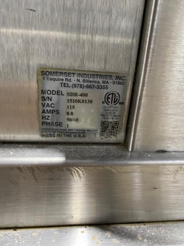 Somerset Commercial Stainless Steel Electric Powered Heavy-Duty 1-36 Oz. Dough Rounder Machine! Model: SDR-400 SN: 1510K0138! 115V 1 Phase! With Single Shelf Equipment Cart! On Casters! - Image 10 of 12