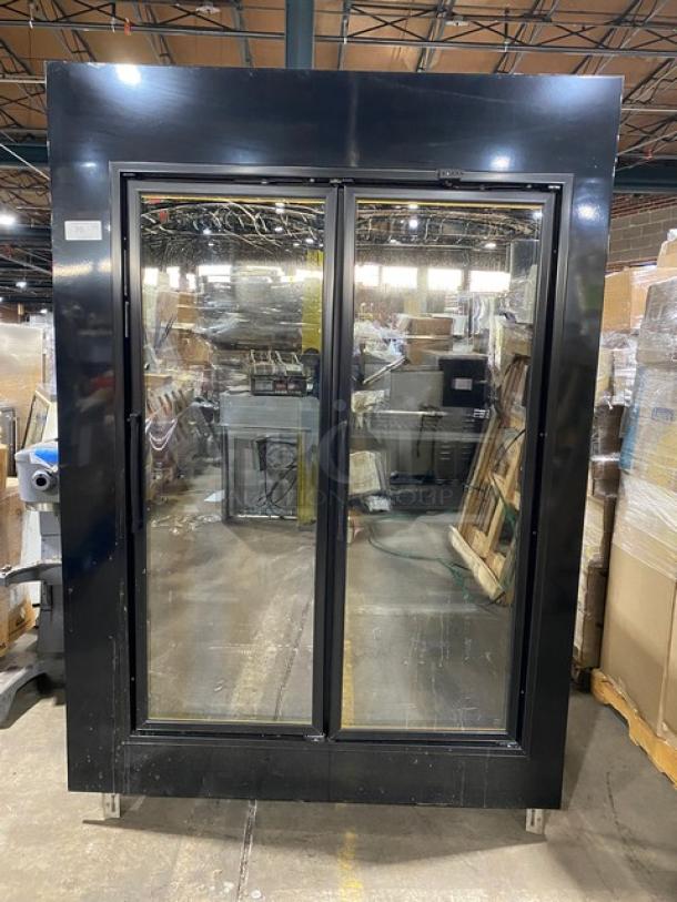Commercial Black Double Glass Swing Door Reach In Merchandiser Refrigerator! With Coated Wire Racks! On Legs! - Image 1 of 9