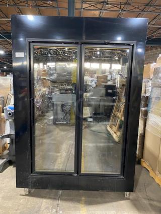 Commercial Black Double Glass Swing Door Reach In Merchandiser Refrigerator! With Coated Wire Racks! On Legs!