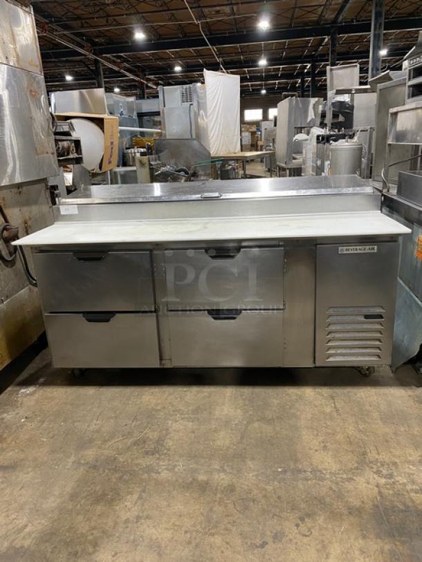 Beverage-Air Commercial Stainless Steel 4 Drawer Refrigerated Bain Marie Style Mega Top Pizza Prep Table! With Removable Cutting Board! Model: DPD72HC-4 SN: 14502012! 115V 1 Phase! On Casters! - Image 1 of 11