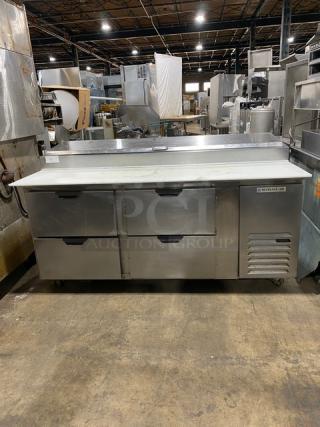 Beverage-Air Commercial Stainless Steel 4 Drawer Refrigerated Bain Marie Style Mega Top Pizza Prep Table! With Removable Cutting Board! Model: DPD72HC-4 SN: 14502012! 115V 1 Phase! On Casters!