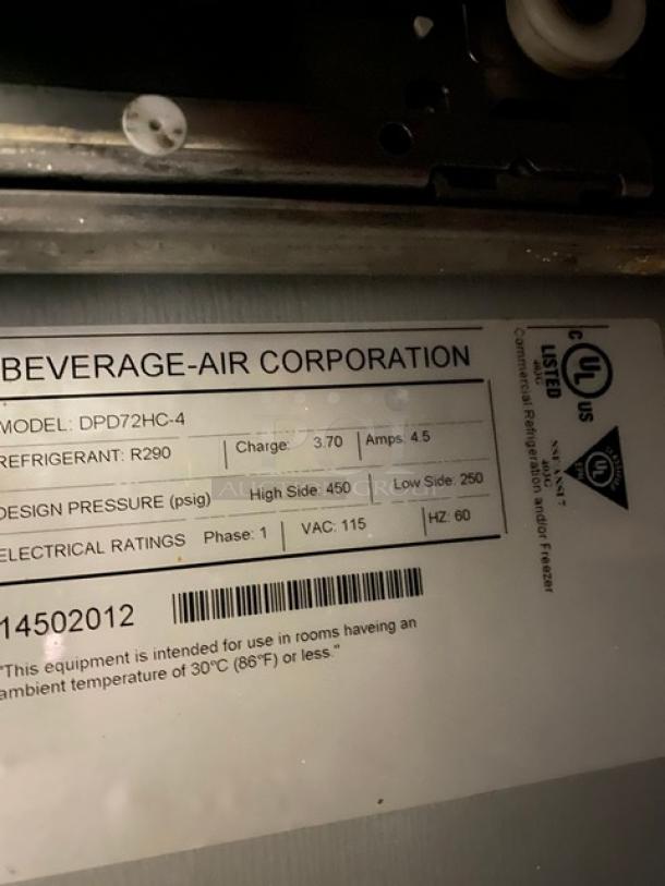 Beverage-Air Commercial Stainless Steel 4 Drawer Refrigerated Bain Marie Style Mega Top Pizza Prep Table! With Removable Cutting Board! Model: DPD72HC-4 SN: 14502012! 115V 1 Phase! On Casters! - Image 9 of 11