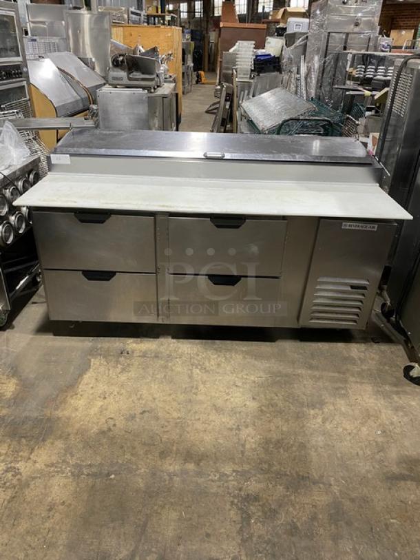 Beverage-Air Commercial Stainless Steel 4 Drawer Refrigerated Bain Marie Style Mega Top Pizza Prep Table! With Removable Cutting Board! Model: DPD72HC-4 SN: 14502009! 115V 1 Phase! On Casters! - Image 1 of 11