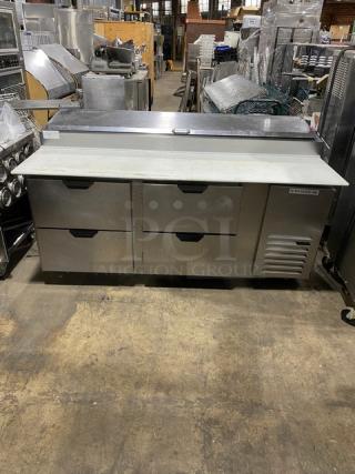Beverage-Air Commercial Stainless Steel 4 Drawer Refrigerated Bain Marie Style Mega Top Pizza Prep Table! With Removable Cutting Board! Model: DPD72HC-4 SN: 14502009! 115V 1 Phase! On Casters!