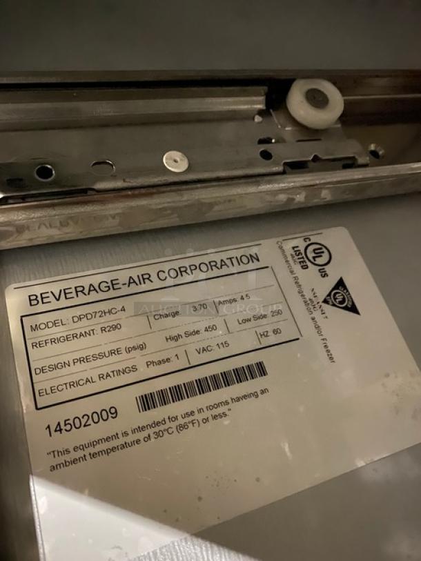 Beverage-Air Commercial Stainless Steel 4 Drawer Refrigerated Bain Marie Style Mega Top Pizza Prep Table! With Removable Cutting Board! Model: DPD72HC-4 SN: 14502009! 115V 1 Phase! On Casters! - Image 9 of 11