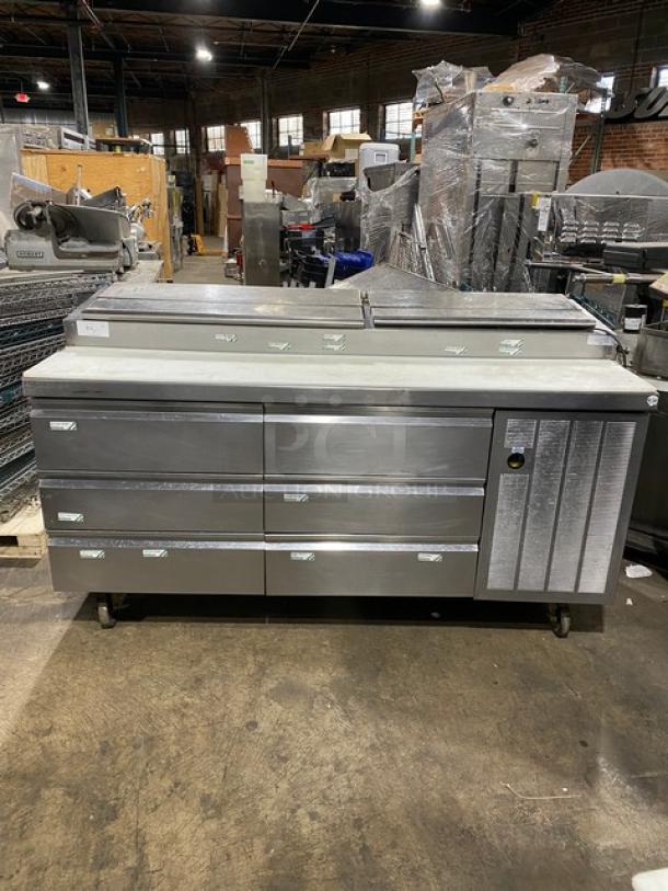 Delfield Commercial Stainless Steel 6 Drawer Refrigerated Bain Marie Style Mega Top Pizza Prep Table! With Removable Cutting Board! Model: 18672PTBMP SN: 2109820100067! 115V 1 Phase! On Casters! - Image 1 of 14