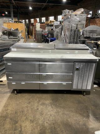 Delfield Commercial Stainless Steel 6 Drawer Refrigerated Bain Marie Style Mega Top Pizza Prep Table! With Removable Cutting Board! Model: 18672PTBMP SN: 2109820100067! 115V 1 Phase! On Casters!
