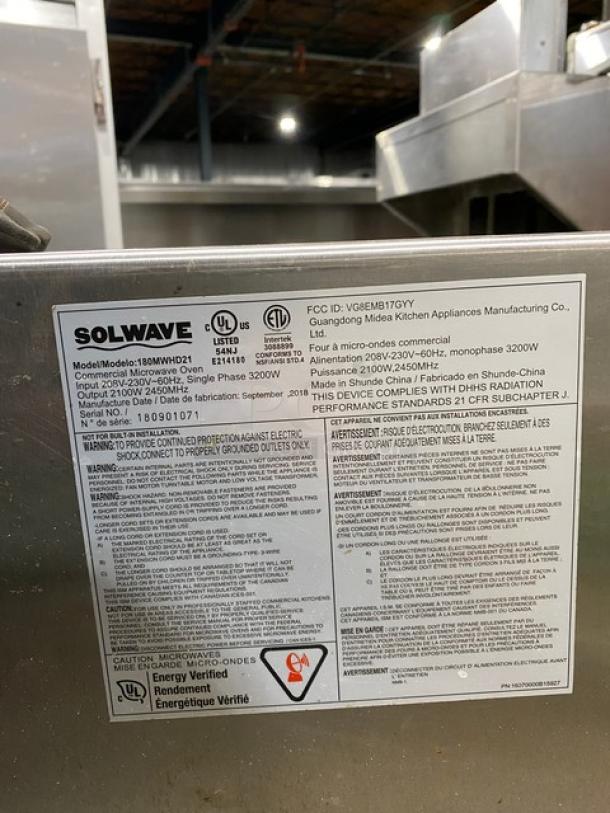 Solwave Commercial Stainless Steel Electric Powered Countertop Microwave Oven! Model: 180MWHD21 SN: 180901071! 208-230V 1 Phase! - Image 9 of 10