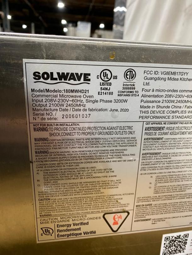 Solwave! 2020 Late Model! Commercial Stainless Steel Electric Powered Countertop Microwave Oven! Model: 180MWHD21 SN: 200601037! 208-230V 1 Phase! - Image 8 of 8