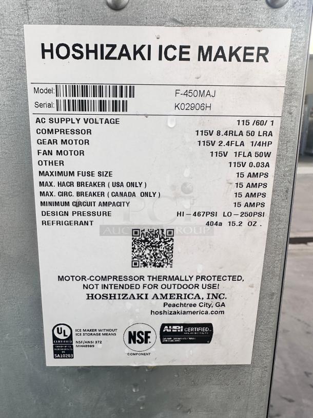 Late Mode Hoshizaki F-450MAJ  SlimLine Flaker Icemaker 115volt Tested and Working! - Image 11 of 11