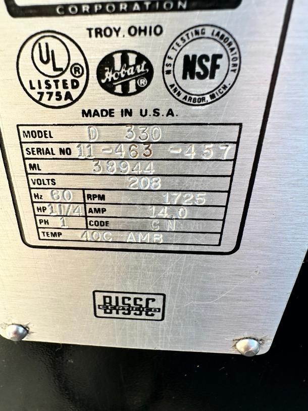 Excellent Hobart D330- 30 Quart Commercial 1-1/4HP, 208V, 1 Phase Dough Mixer Tested and Working! - Image 8 of 9