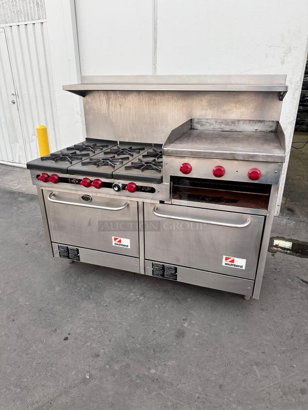 Excellent SouthBend Commercial 60"  Gas 6 Burner, 24" Griddle and Two Ovens Tested and Working! - Image 1 of 10