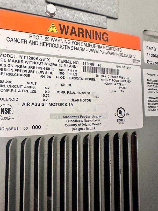 Late Model Excellent Manitowoc IYT1200A Indigo NXT 1200 lb per day  Ice Maker Cube-style Air-cooled 220volt Tested and Working! - Image 14 of 15