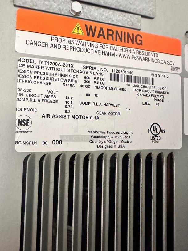 Late Model Excellent Manitowoc IYT1200A Indigo NXT 1200 lb per day  Ice Maker Cube-style Air-cooled 220volt Tested and Working! - Image 15 of 15