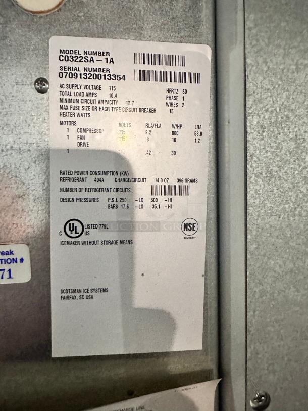 Late Model Excellent Scotsman C0322SA-1 Prodigy Plus 300lb Ice Machine 22" Air Cooled Small Cube 115volt Tested and Working! - Image 10 of 11