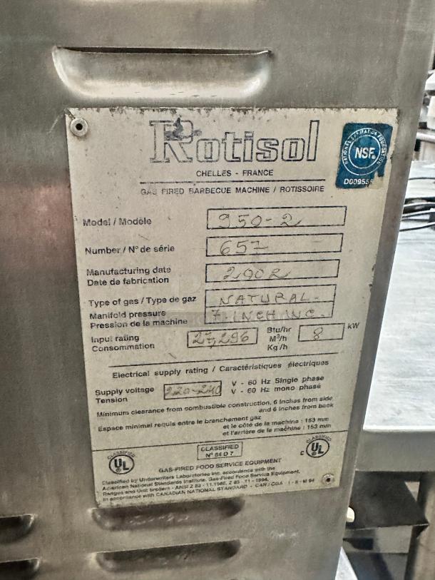 Rotisol USA 950-2 Gas 2 Spit Commercial Rotisserie w/ 6 Bird Capacity, Natural Gas - Image 8 of 10