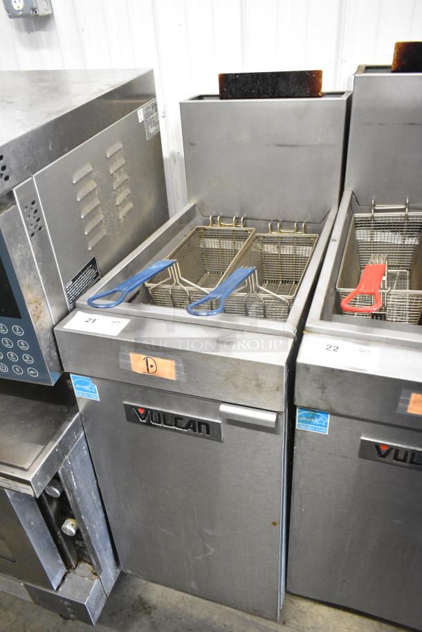 Vulcan 1VEG35M-1 Stainless Steel Commercial Floor Style Natural Gas Powered Deep Fat Fryer w/ 2 Metal Fry Baskets. 70,000 BTU. - Image 1 of 6