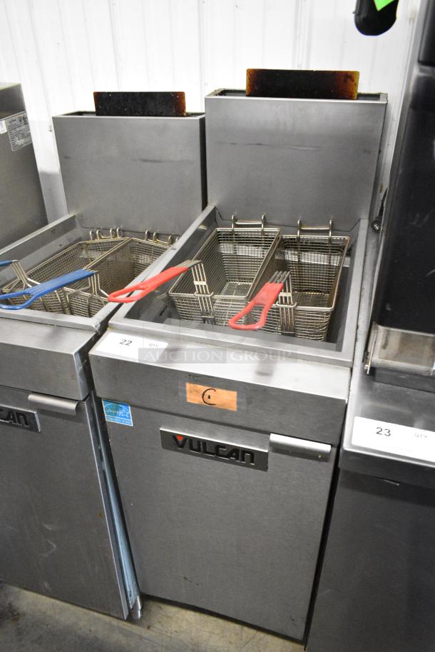 Vulcan 1VEG35M-1 Stainless Steel Commercial Floor Style Natural Gas Powered Deep Fat Fryer w/ 2 Metal Fry Baskets. 70,000 BTU. - Image 1 of 6