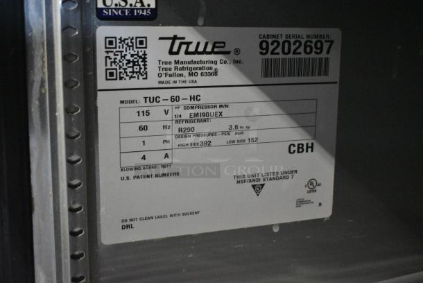 2017 True TUC-60-HC Stainless Steel Commercial 2 Door Undercounter Cooler on Commercial Casters. 115 Volts, 1 Phase. Tested and Working! - Image 7 of 7