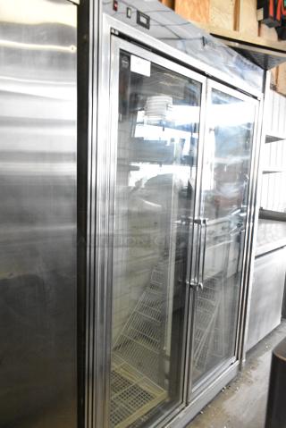 CustomCool Metal Commercial 2 Door Reach In Cooler Merchandiser. 115 Volts, 1 Phase. Tested and Powers On But Does Not Get Cold