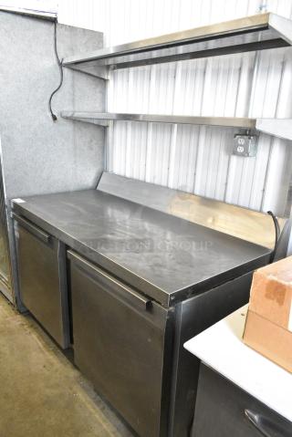 Continental SW60-BS Stainless Steel Commercial 2 Door Work Top Cooler w/ 2 Tier Over Shelf. 115 Volts, 1 Phase. Tested and Working!