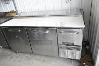 Continental PA68N Stainless Steel Commercial Pizza Prep Table w/ Oversized Cutting Board on Commercial Casters. 115 Volts, 1 Phase. Tested and Working!