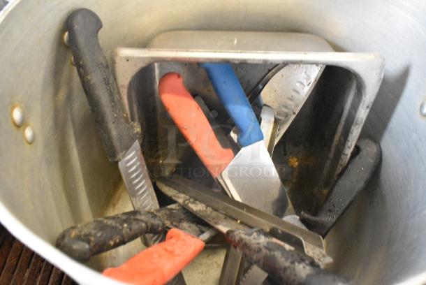 ALL ONE MONEY! Lot of 2 Metal Stock Pots, Stainless Steel Drop In Bin and Knives. - Image 4 of 5