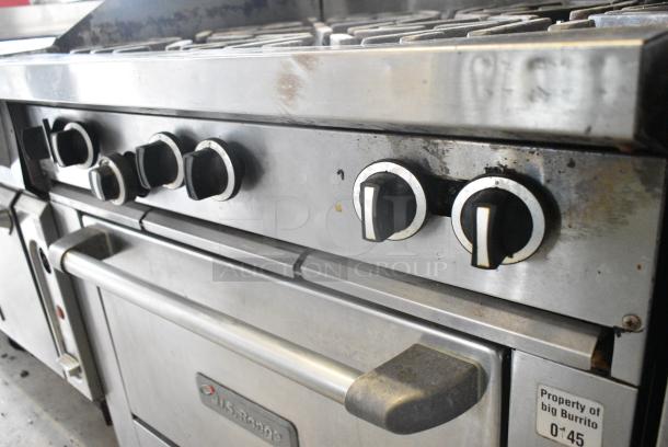 US Range U36-6R Stainless Steel Commercial Natural Gas Powered 6 Burner Range w/ Oven, Over Shelf and Back Splash on Commercial Casters. - Image 4 of 8
