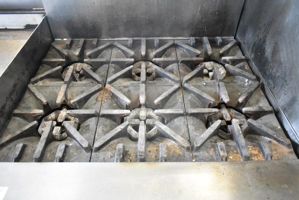 US Range U36-6R Stainless Steel Commercial Natural Gas Powered 6 Burner Range w/ Oven, Over Shelf and Back Splash on Commercial Casters. - Image 5 of 8