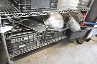 ALL ONE MONEY! Tier Lot of Various Items Including Stainless Steel Drop In Bin Lids, China Cap Strainer and Metal Fry Basket