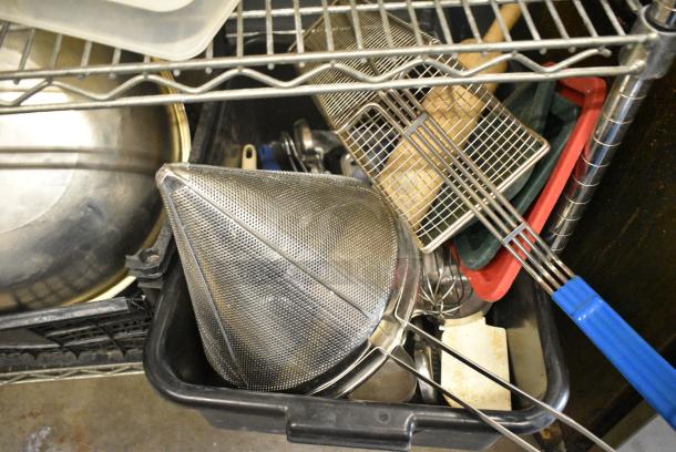 ALL ONE MONEY! Tier Lot of Various Items Including Stainless Steel Drop In Bin Lids, China Cap Strainer and Metal Fry Basket - Image 5 of 6