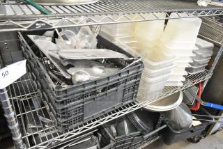 ALL ONE MONEY! Tier Lot of Various Items Including Stainless Steel Drop In Bin Lids, Poly Drop In Bins