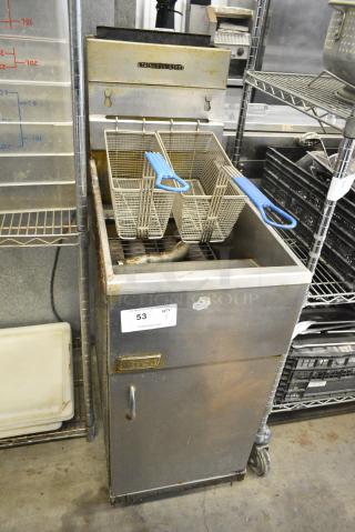 Pitco Frialator 40D Stainless Steel Commercial Floor Style Natural Gas Powered Deep Fat Fryer w/ 2 Metal Fry Baskets on Commercial Casters. 115,000 BTU.