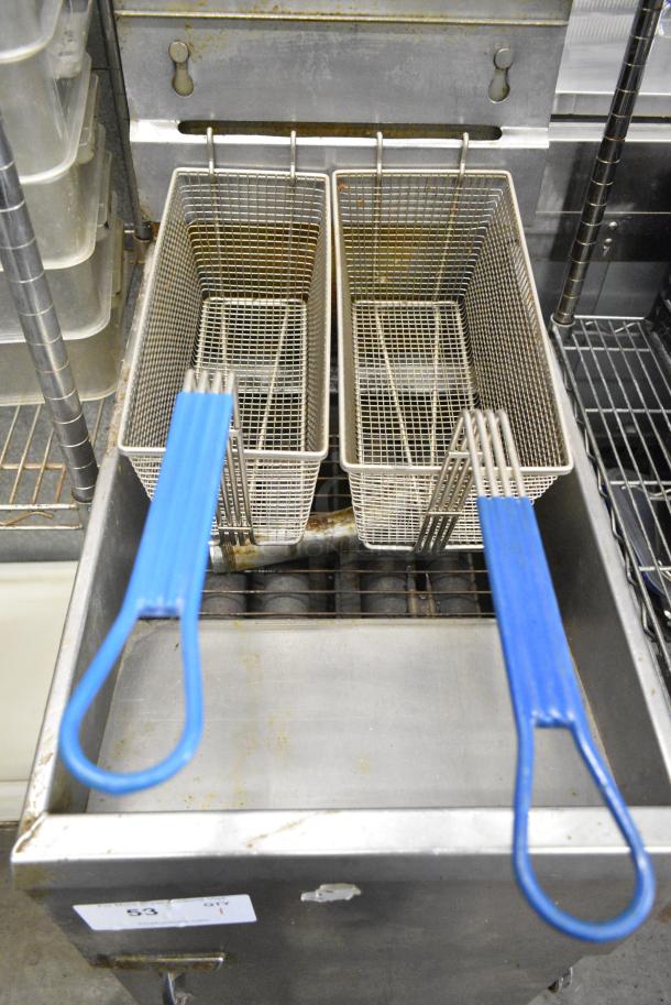 Pitco Frialator 40D Stainless Steel Commercial Floor Style Natural Gas Powered Deep Fat Fryer w/ 2 Metal Fry Baskets on Commercial Casters. 115,000 BTU. - Image 4 of 9